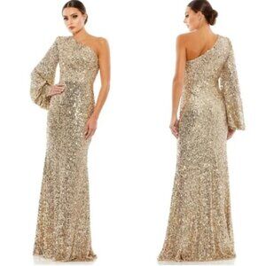 Mac Duggal 26717 Size 10 Sequined One Shoulder Bishop Sleeve Trumpet Gown Gold